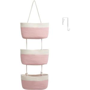 TeoKJ Over the Door Hanging Basket, 3-Tier Woven Cotton Wall-Mounted Storage Organizer Bag Decorative Hanging Nursery Baskets, Pink & White