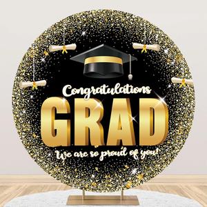 6.5x6.5ft Grad Round Backdrop Cover Black and Gold Graduation Party Decorations Photography Background Congratulations Class of 2025 We are so Proud of You