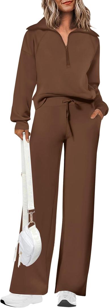 PRETTYGARDEN Women's 2 Piece Outfits Casual Lapel Half Zip Sweatshirts and Wide Leg Pants Tracksuit Sets (Medium, Brown)