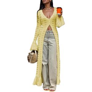Unybwonn Long Cardigans for Women Crochet Hollow Out Knit Sweater Cover up Maxi Dress Long Sleeve Button Down Cardigan (Small, Yellow)