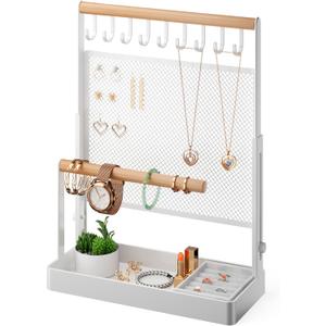 Jewelry Organizer Stand with Velvet Ring Holder, Liftable Necklace Holder with Earring Organizer Net, 9 Hooks Necklaces Storage Wooden Handing Bar for Bracelets Watches Rings (White)