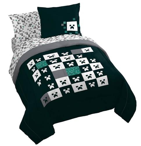 Jay Franco Minecraft Creeper Queen Comforter Set - 7 Piece Gamer Bedding Includes Sheet Set & Pillow Covers - Super Soft Checkered Bedding (Green - Minecraft)