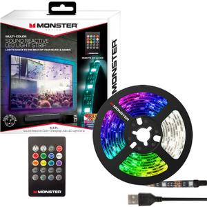 Monster 6.5 ft Multi-Color Sound Reactive LED Light Strip, Smooth Fit to Any Space, TVs, Computers, Kitchens, Bedrooms, Customizable Settings, Remote Control, USB-Powered, Easy DIY Installation