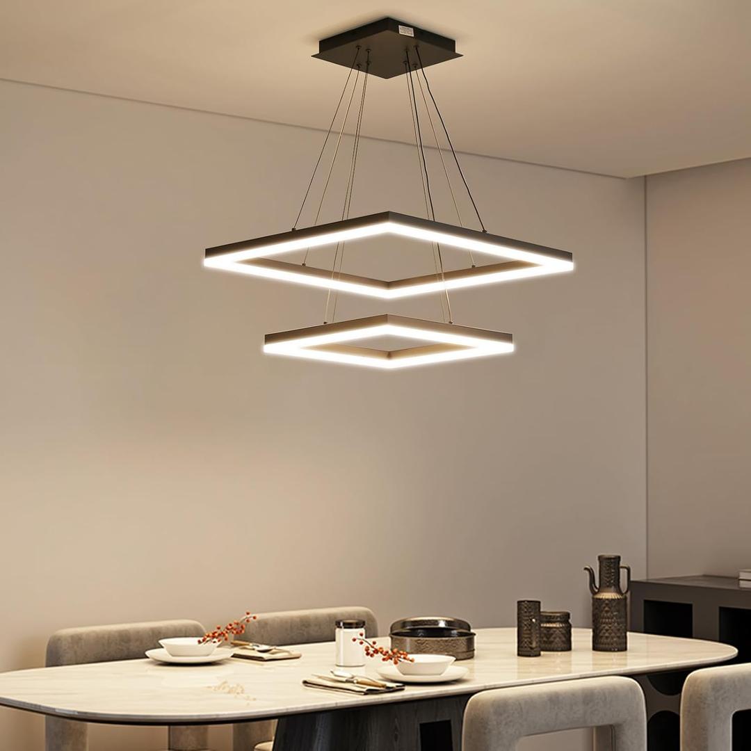 LED Pendant Light Fixture for Dining Room, 3000K-6500K Dimmable Modern Chandelier, Adjustable Height, 2 Layer Square Minimalist Ceiling Hanging Lamps for Kitchen Island, Living Room, Foyer (Black Light Down)