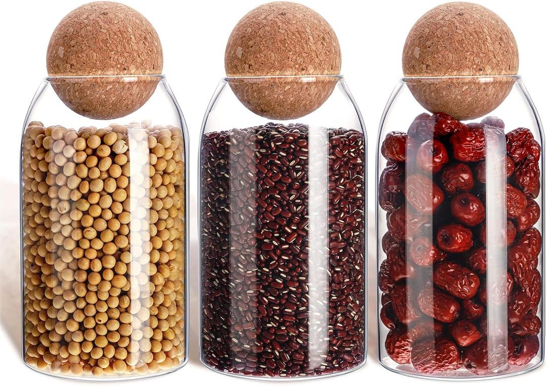 Cunhill 3 Pcs Glass Jar with Ball Cork Lid Decorative Round Bottle Sealed Canister Jar Storage Container Organizer with Airtight Wooden Lid for Food Coffee Bean Candy Biscuits Spice(800 ML/ 27 Oz)
