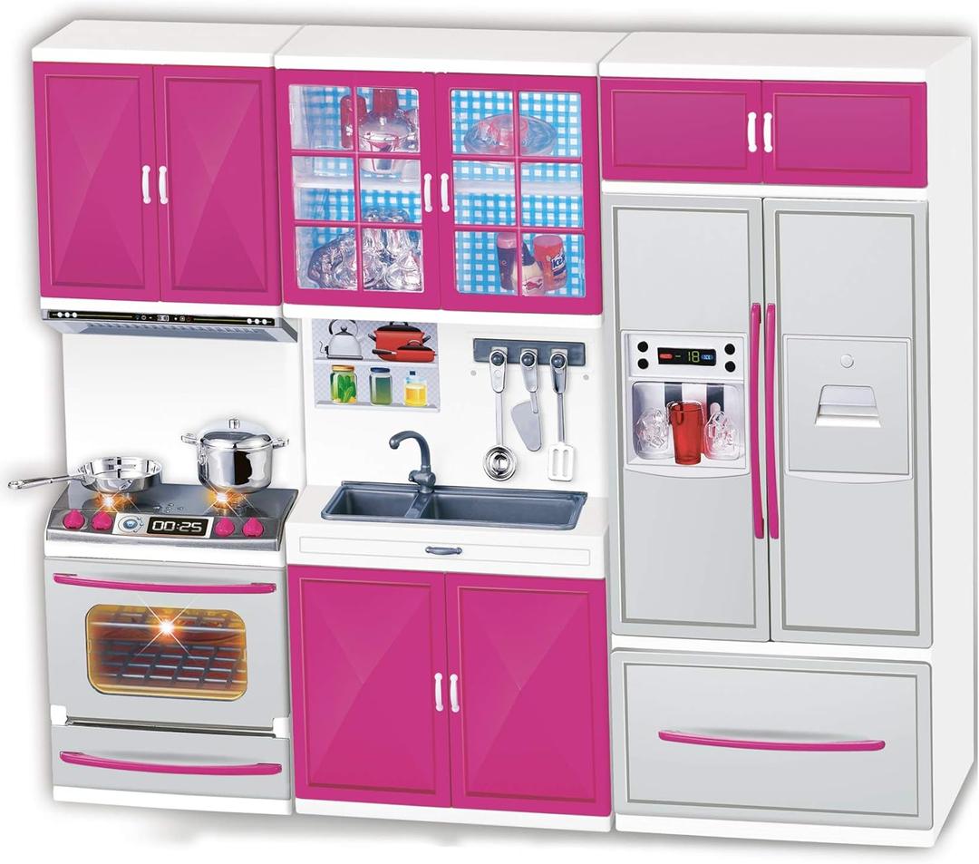 Doll Kitchen Playset for Kids, My Modern Mini Kitchen House Furniture Pretend Play Toy Accessories Set with Realistic Lights & Sounds for Toddlers, Girls (3-in-1)