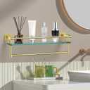 Bathroom Glass Shelf with Towel Rack Organizer Wall-Mounted Bathroom Storage SUS304 Stainless Steel Track Wall-Mounted Tempered Glass Stainless Steel Shelf (Brushed Gold, 20-inch)