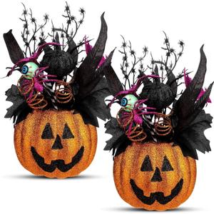 Giegxin 2 Pack Halloween Table Centerpieces Decorations 14'' x 10'' Pumpkin vase with Spooky Artificial Flowers and Spider Eyeball Pumpkin Tabletop Decor for Halloween Home Indoor Outdoor Party