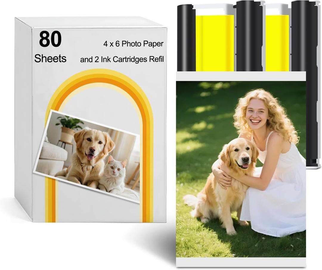 Compatible with Liene Amber M100/M200/M110/M210 4x6" Photo Printer 80 Sheets Photo Paper & 2 Ink Cartridges Refill,Only for DHP512/DHP513/DHP514/DHP515 Printer,Dye Sublimation, Water & Oxidation-Proof