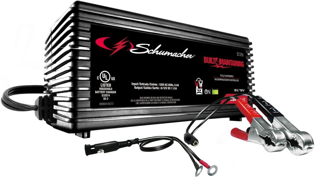 Schumacher Electric Battery Charger and Maintainer, SC1355, 3-in-1, Fully Automatic, 1.5 Amps, 6 Volt and 12 Volt, for Motorcycle, Power Sport, Car, and Marine Batteries