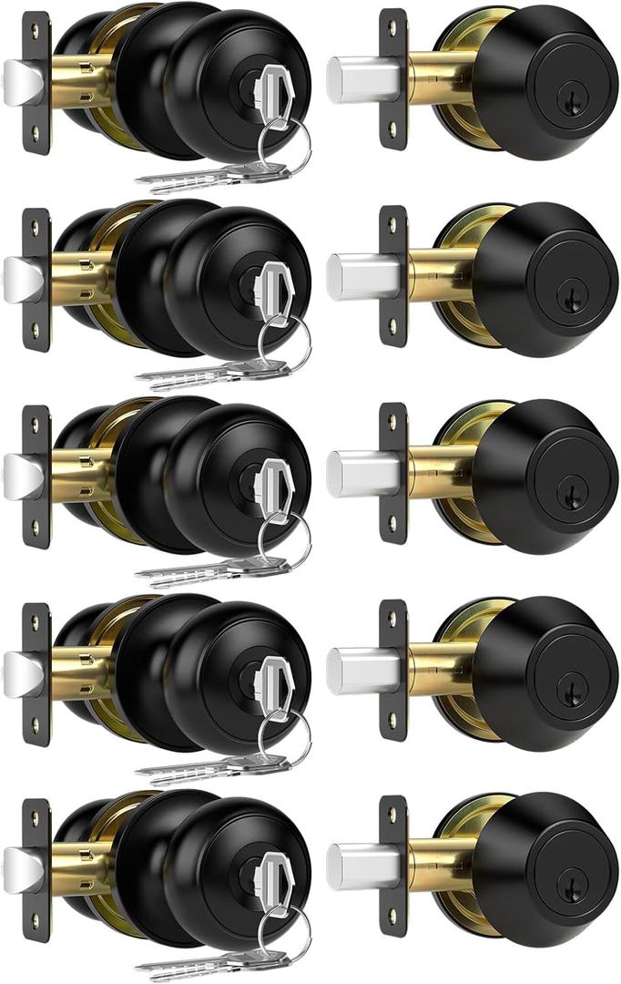 5 Pack Exterior Door Lock Set, Keyed Alike Entry Door Knob and Single Cylinder Deadbolt Lock Combo Set, Matte Black Door Knobs with Lock and Keys, Locksets for Front,Entrance,Back,Garage Door