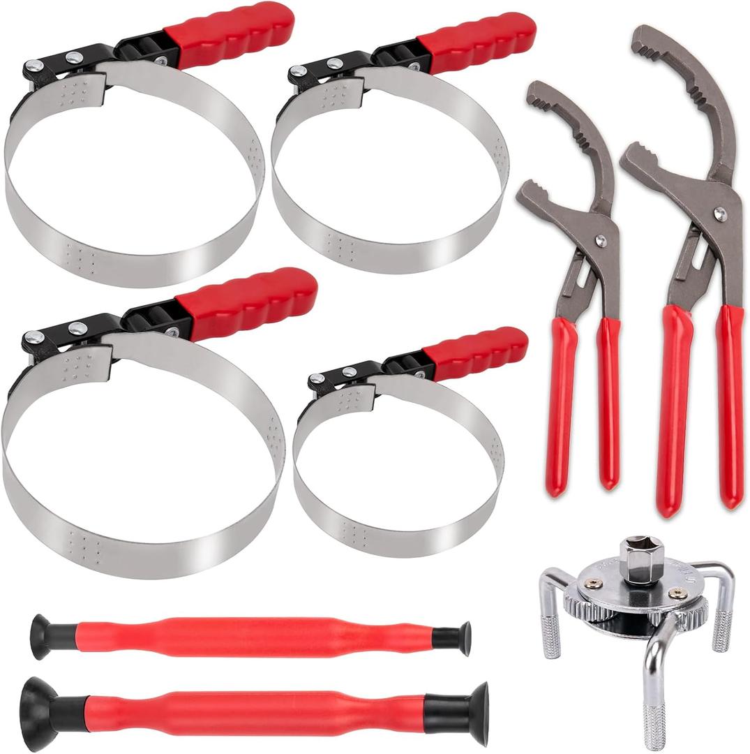 Oil Filter Wrench Set 9 Pcs, Oil Filter Pliers 9" & 12", Adjustable Swivel Oil Filter Band Wrenches 2-3/4" to 5-1/4", Universal 3-Jaw Oil Filter Removal Tool with 3/8" to 1/2" Adapter for Auto Repair