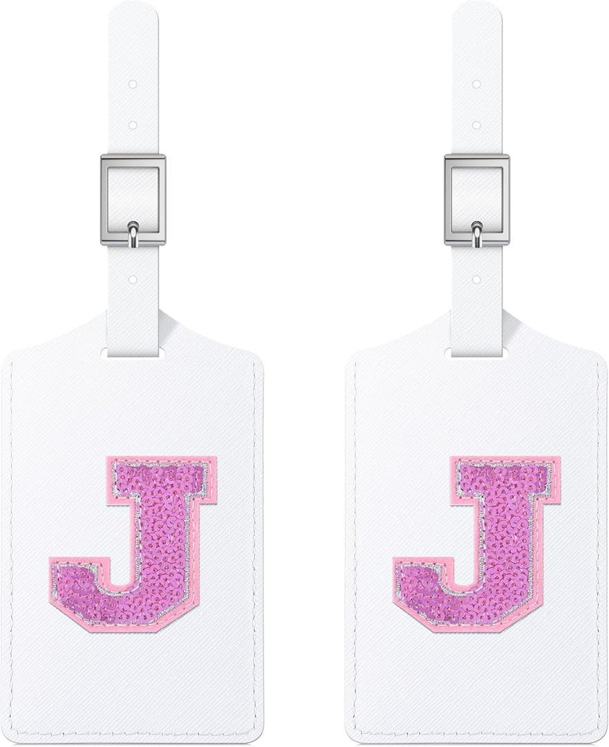 4 x Sodsay 2 PCS Initial Luggage Tag, Luggage Tags for Suitcases Cute Sequin Letter PU Leather Travel Bag Baggage Tags Privacy Cover ID Label for Women Kids Teens Men(J, White Leather+Hot Pink Letter)