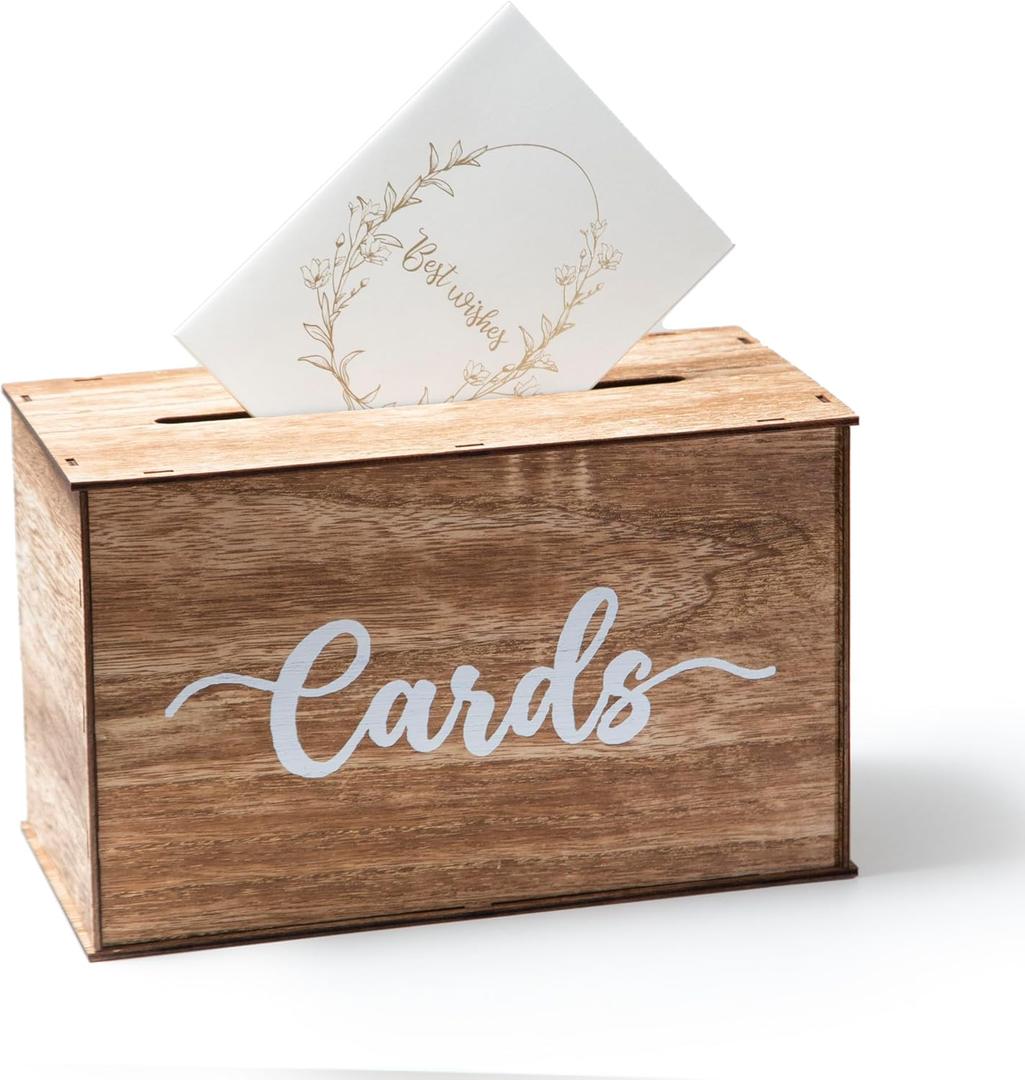 Wedding Card Box with Lid, Wood Gift Card Box for Wedding Reception, Rustic Envelope Money Box for Wedding Party Birthday Bridal Shower Baby Shower Graduation Decorations (11.6x10.4x6.5 inch)
