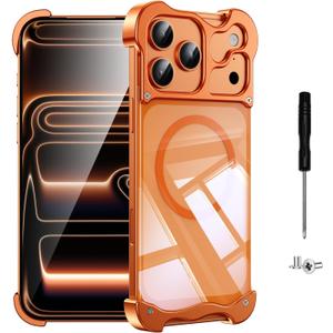 iPhone 17 Pro Metal Bumper case with Magnetic - Orange | Fit for MagSafe, 4-Corner Airbag Rugged Shockproof, Frameless Minimalist slim cover, DIY Assemble Design, Camera Protection