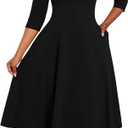 Nmoder Midi Dresses for Women A-Line Fit and Flare Casual Dress 3/4 Sleeve V Neck Cocktail Wedding Guest Work Dress with Pockets Black, M