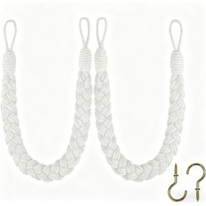 Home Queen Hand Braided Curtain Tieback, Buckle Holdback Drapery Curtain Tie Back, 2 Rope Cotton Belt Curtain Tie with 2 Metal Hooks, White