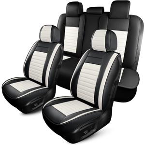 HChengkikz Car Seat Covers Full Set, Breathable Nappa Leather Seat Covers, Horizontal Stripes Automotive Seat Covers, Universal Seat Cushions for Sedan SUV Truck (5 PCS Full Set, Black + Cream)
