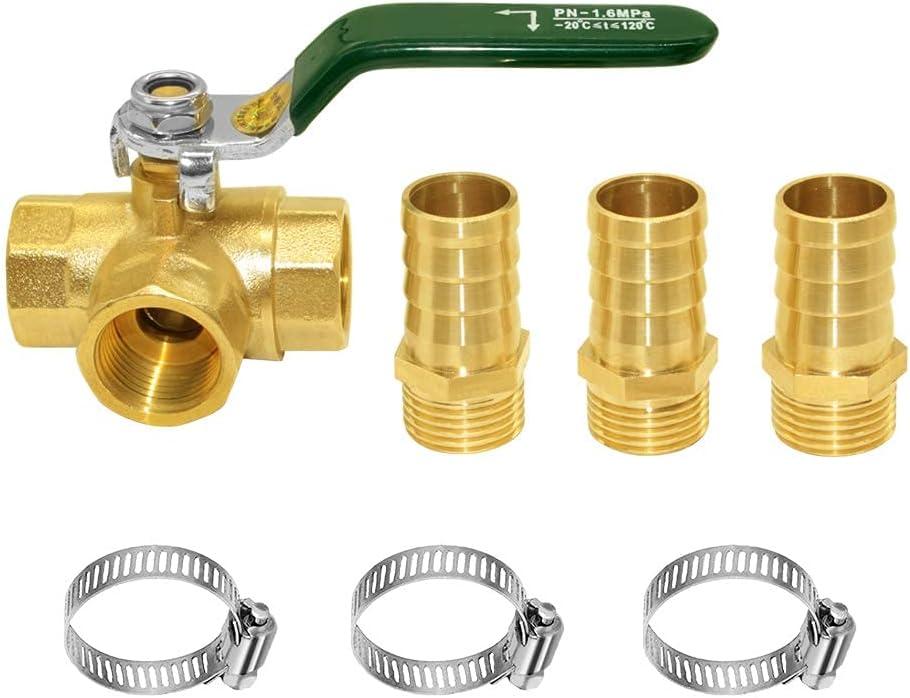 Joywayus 3 Way L-port Shut Off 1/2"G Thread Ball Valve with 1/2" Hose Barb T Shaped Brass Fitting One Switch