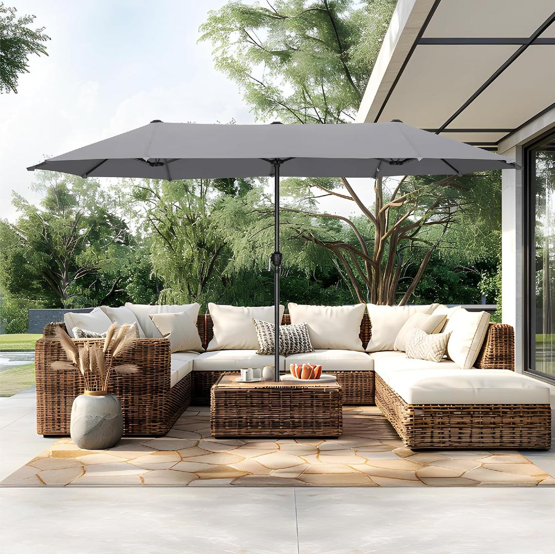 PHI VILLA 13ft Large Patio Umbrellas, Double-Sided Outdoor Market Rectangle Umbrella for Outside, Light Gray