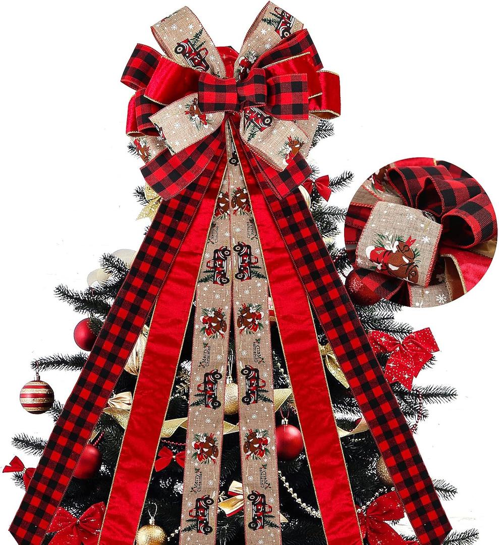 RECUTMS Red Christmas Bows 56.7x13 inches Christmas Tree Topper Bows Large Handmade Burlap Bow with Xmas Patterns Christmas Wreath Decoration for Indoor Outdoor Xmas Party Home Holiday Winter