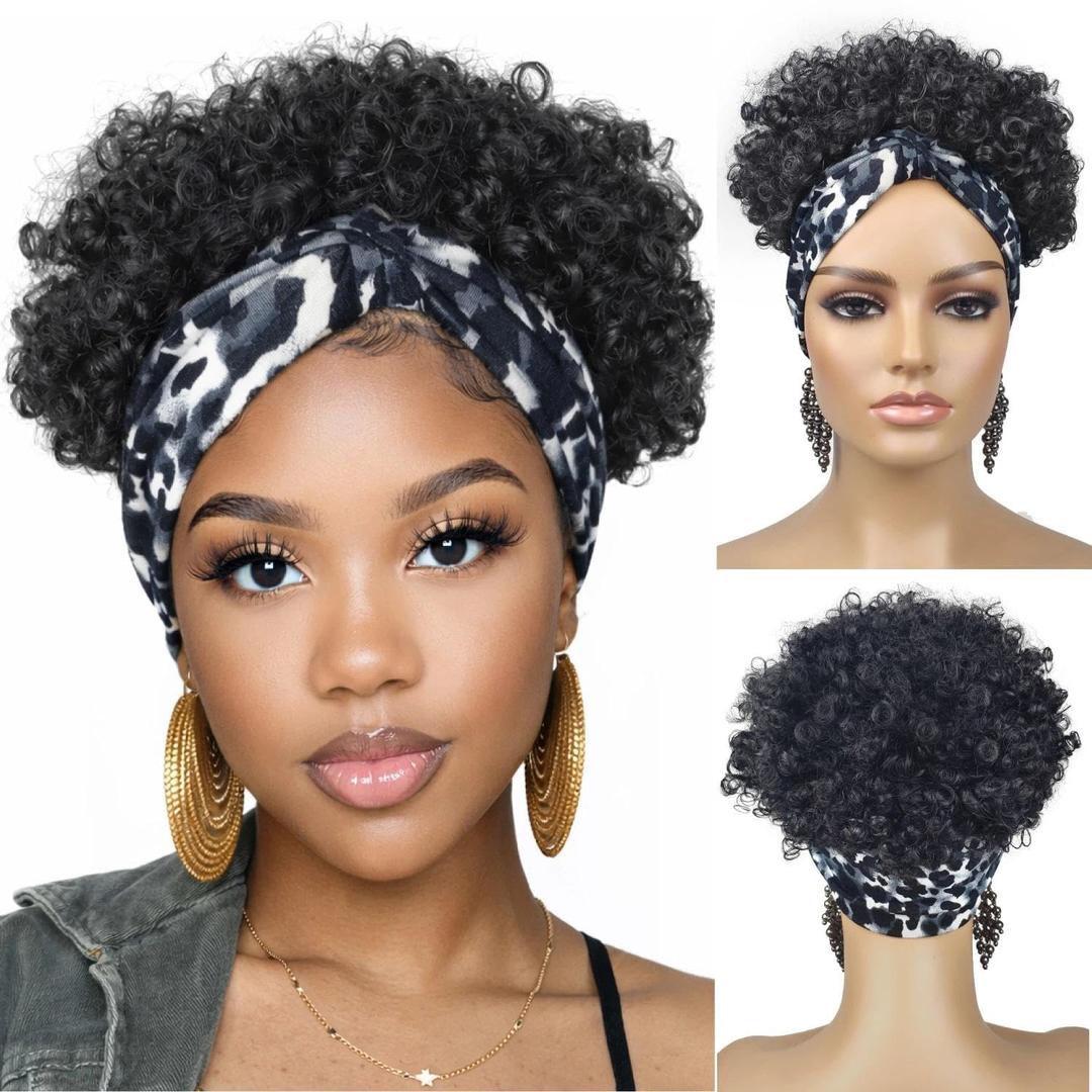Afro Puff Headband Wig for Black Women Natural Black Kinky Curly Put-On & Go Afro Headband Wig, Easy Wear, Stylish Protective Afro Wigs