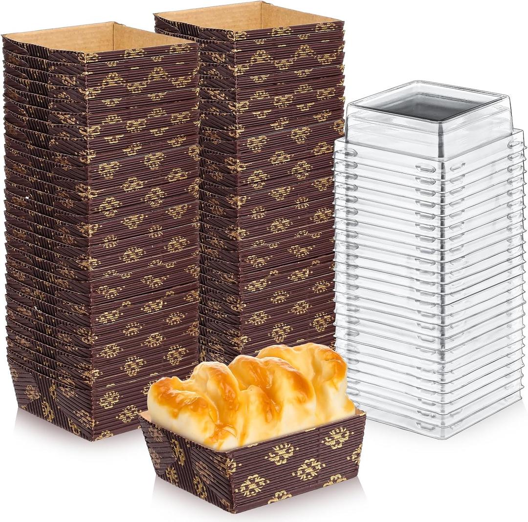 Baderke 100 Pcs Paper Loaf Pan Disposable Square Paper Baking Pan with Lids Microwave Oven Freezer Safe Mold for Cake Bread Oven Loaf Bakery