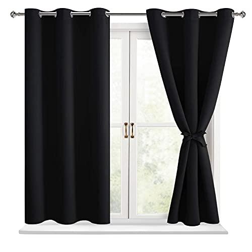 Hiasan Blackout Curtains for Bedroom - Light Blocking & Noise Reducing Window Curtains for Living Room, 2 Drape Panels Sewn with Tiebacks, Black, 38 x 54 Inch