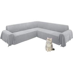 ALIECOM Corner Sectional Couch Covers L Shape Sofa Cover with Tassel Chenille Soft Thick U Shaped Sectional Slipcovers Washable Furniture Protector for Pets Dogs Cats (Middle Grey, 91x251 Inch)