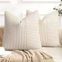 Farmhouse Pillow Covers 24x24, Modern Accent Square Throw Pillow Covers Set of 2, Khaki and Beige Striped Patchwork Linen Decorative Pillows Cushion Covers for Couch Chair Bedroom Fall Decorations