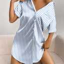 Ekouaer Women's Satin Nightshirt Button Down Sleepshirt Silk Short Sleeve Nightgown Boyfriend Notch Collar Sleepwear (Blue, L)