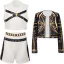 Girls Halloween Costume, Black and Yellow Polyester Top and Pants Set for Cosplay Events and Parties, Size 120