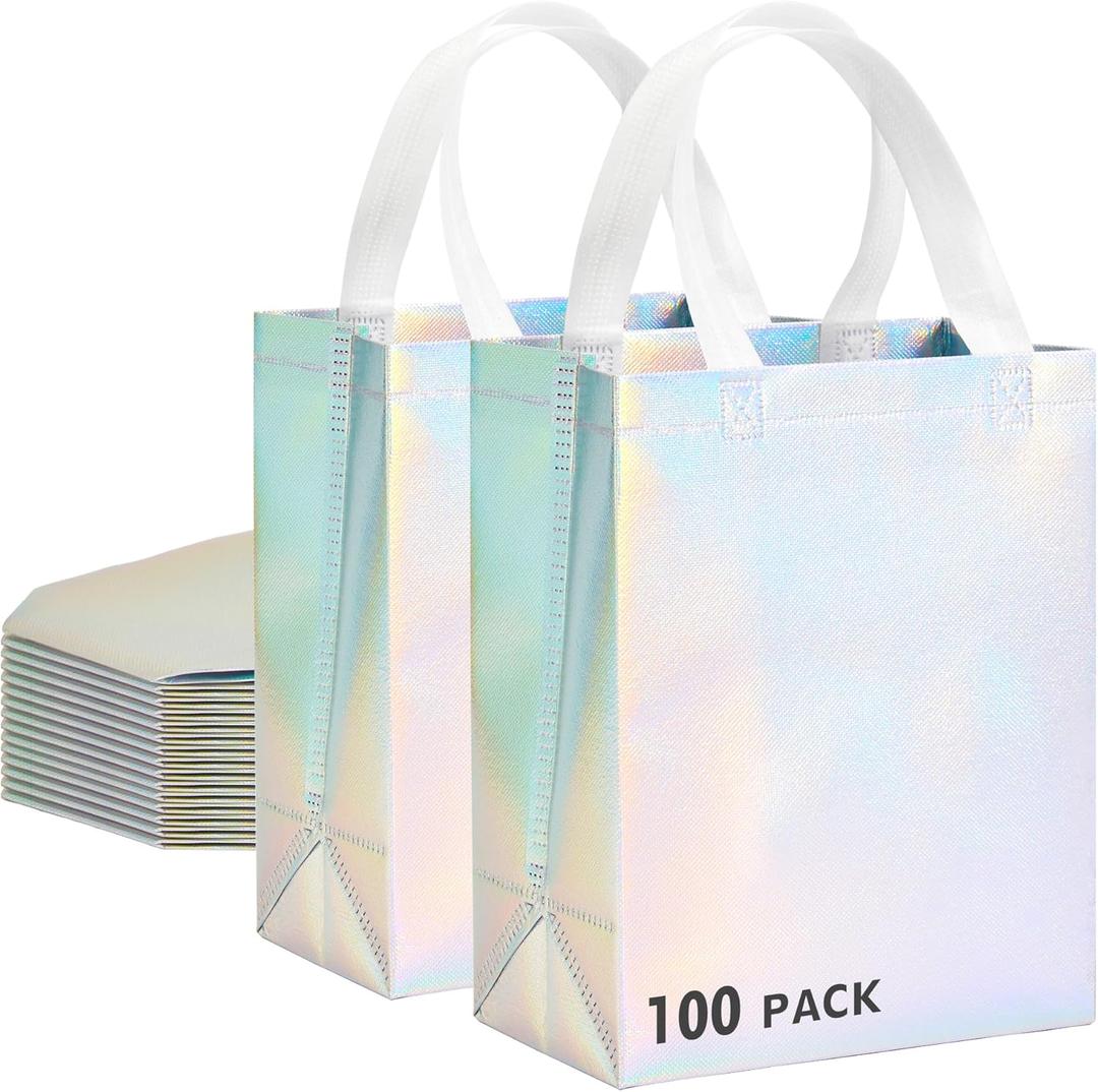 100 Pcs Iridescent Glossy Gift Bags Medium Size, 8x4x10 In Holographic Reusable Gift Bags with Handles & Sturdy Base, Ideal for Birthday, Wedding, Bachelorette, Party Favors, Holiday Goodie Bag