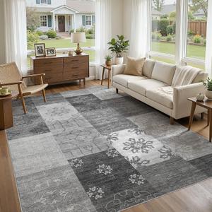 9x12 Area Rug for Living Room - Washable Vintage Carpet, Non-Slip Soft Large Indoor Floor Rugs for Bedroom Home Office & Under Dining Table Decor, Gray Block