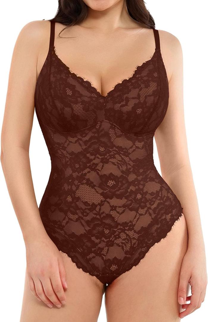 Popilush Shapewear Bodysuit V Neck Tummy Control Backless Lace Tank Tops Sleeveless Thong Bodysuit (XXL (14-16), Brown)