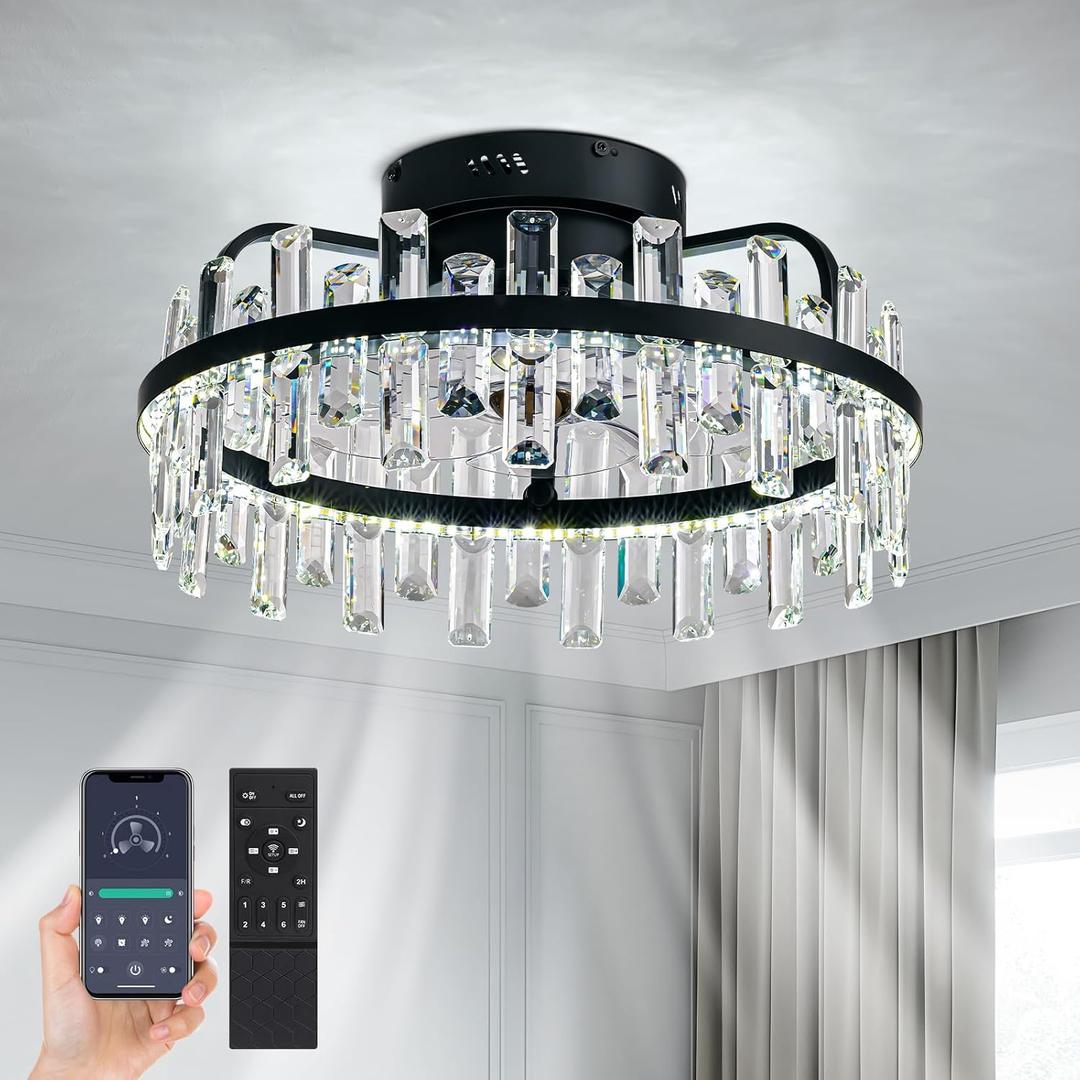 CROSSIO 20" Luxury Crystal Fandelier with Lights and Remote - Modern Black Low Profile Ceiling Fan with Light - Round Caged Flush Mount for Bedroom, Living Room, Dining Room