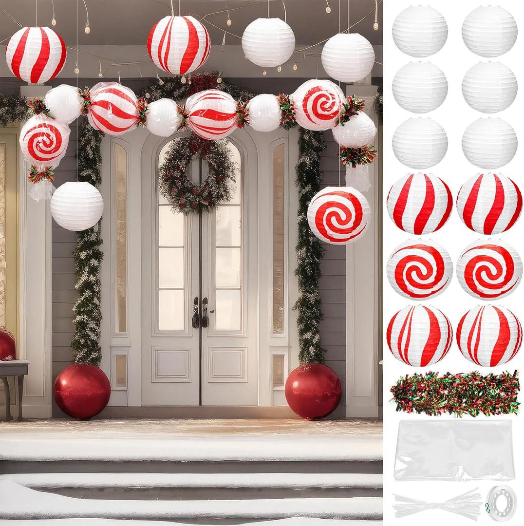 Tuanse 12 Pcs Candy Christmas Decorations Paper Lanterns DIY Ornaments Set with 8 Inch Paper Lanterns 6.6 Ft Christmas Garland and Tools for Holiday Xmas Indoor Outdoor Decor(Red White Candy)
