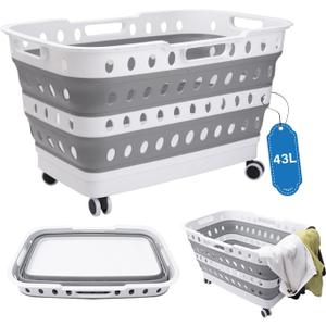 Collapsible Laundry Basket with Wheels, White and Gray, 43L Capacity, Dual-Layer Design, Rolling Hamper with Comfort-Grip Handles, 360 Airflow
