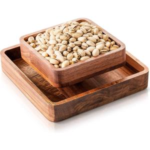 Qinyoung 1 Pcs Acacia Wood Pistachio Snack Bowl with Shell Storage Double Dish Holder Nut Bowl Pedestal for Sunflower Seeds and Snack