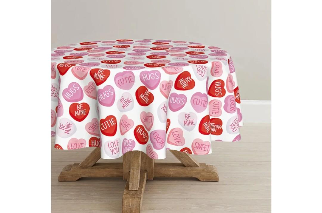 Horaldaily Valentine Tablecloth 70×70 Inch Round, Pink Colored Love Hearts with Words Washable Table Cover for Party Picnic Dinner Decor