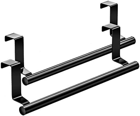 Mosuch Stainless Steel Over Door Towel Rack Bar Holders for Universal Fit on Over Cabinet Cupboard Doors 2 Pack (Black)