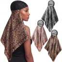 3 Pcs 2 in 1 Wrap Hair Net with Scarf, Doobie Hair Wrap Women Heatless Silk Press Netted Scarf Easy-to-use for Nighttime Care, Sleep & Shower Cap(Chic Leopard,Coffee Pink Gray)