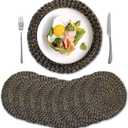 8 Pack, Round Woven Placemats, Natural Water Hyacinth Wicker Place Mats, Braided Straw Table Mats for Dining Table, Fall, Halloween, Thanksgiving, Christmas, Black (13.8 inch)