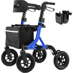 Rollator Walker for Seniors, Foldable All Terrain Rolling Walker with seat, Aluminum Walkers with 10 inch Rubber Wheels, Built-in Cable, Cup Holder, Adjustable Handles and Backrest for Seniors, Blue