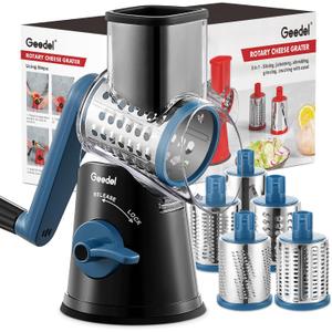 Geedel Rotary Cheese Grater Cheese Shredder - Upgraded 5-in-1 Cheese Grater with Handle and Strong Suction Base, Multi-purpose Vegetable Slicer Ice Shaver Nuts Grinder for Ice, Vegetables, Fruit, Nuts (Black Blue)