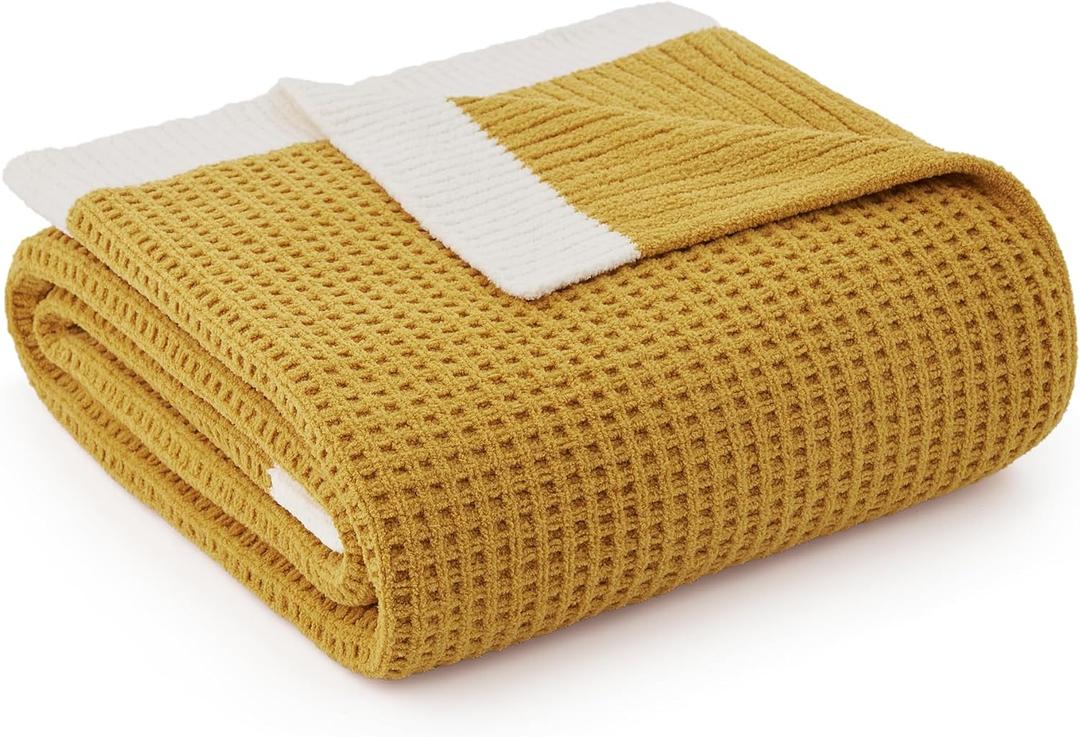 Amlie Home Chenille Throw Blanket, Soft Cozy Waffle Throw for Couch & Sofa, Warm Yet Lightweight, Breathable All-Season Throws for Women Men, Housewarming, Birthdays, 50"x60", Ginger