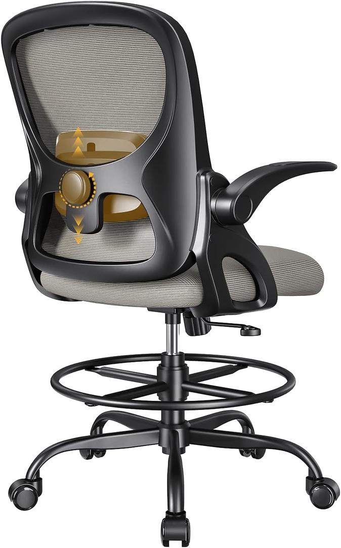 Drafting Chair,Tall and Standing Desk Chair with Flip-up Armrests, Ergonomic Comfy Lumbar Support and Adjustable Footrest Ring Office/Computer Chair (Black-Gray)