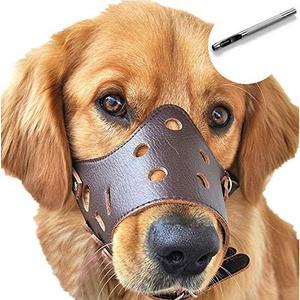 BARKLESS Dog Muzzle Leather, Soft Secure Anti-Barking Leather Muzzle for Large Sized Dogs to Prevent Biting, Breathable and Adjustable, Allows Drinking and Panting, Used with Collars (Bro XL)