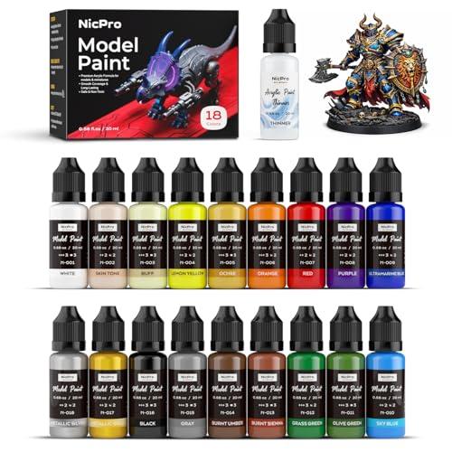 Nicpro 18 Colors Model Paint Set, 20ml Ready to Use Modeling Acrylic Paints, Brush & Airbrush Compatible, Miniature Paint Set for Beginners & Artists on Models, Figures, Crafts, Canvas, with 1 Thinner