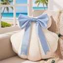 Novabright Seashell Decorative Pillow with Blue Bow - 13 Inch Soft Plush Shell Shaped Throw Pillow Sea Ocean Coastal Beach Decoration for Coastal Beach Decor Couch Bed Chair
